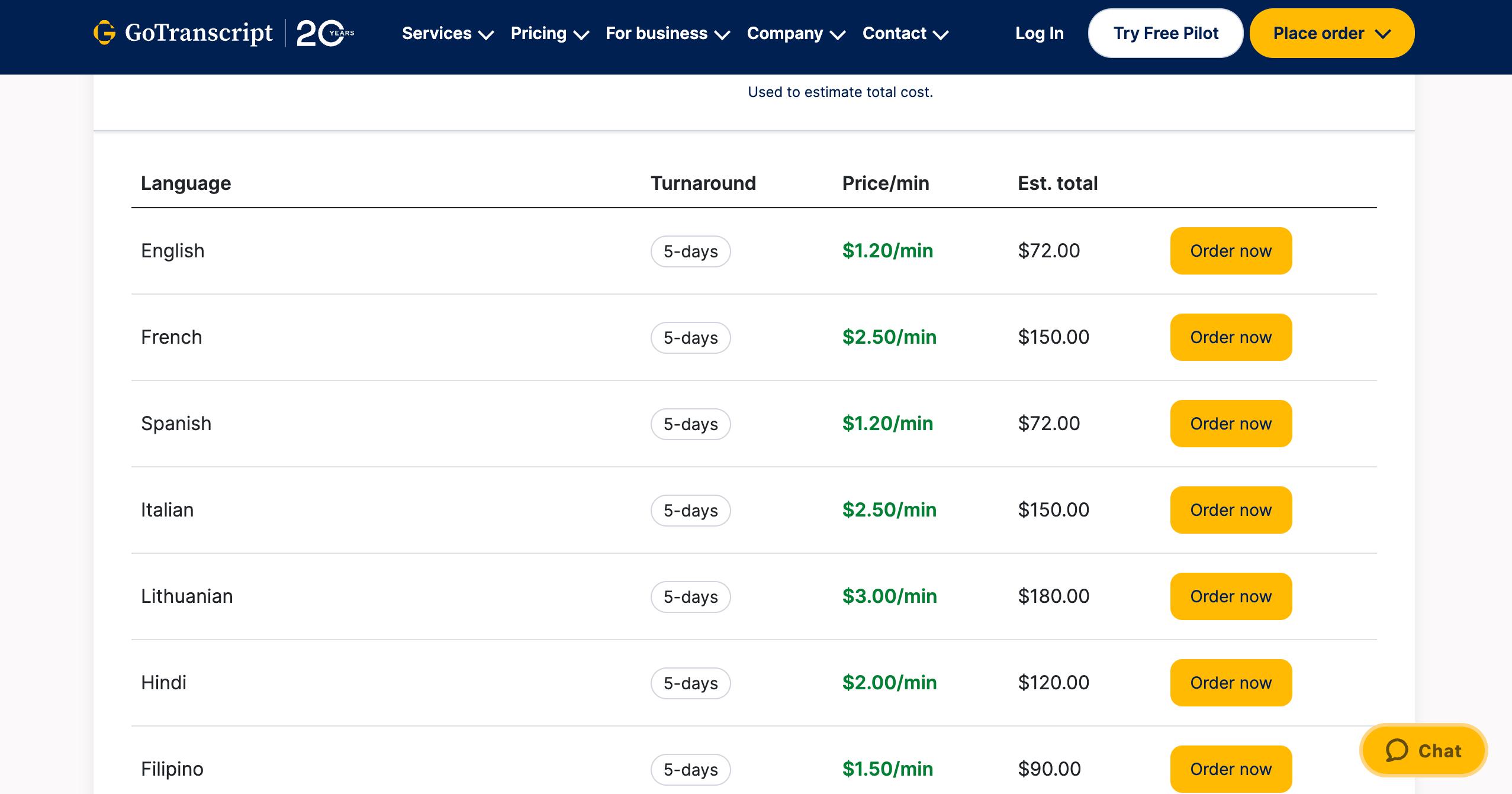 GoTranscript pricing by language screenshot
