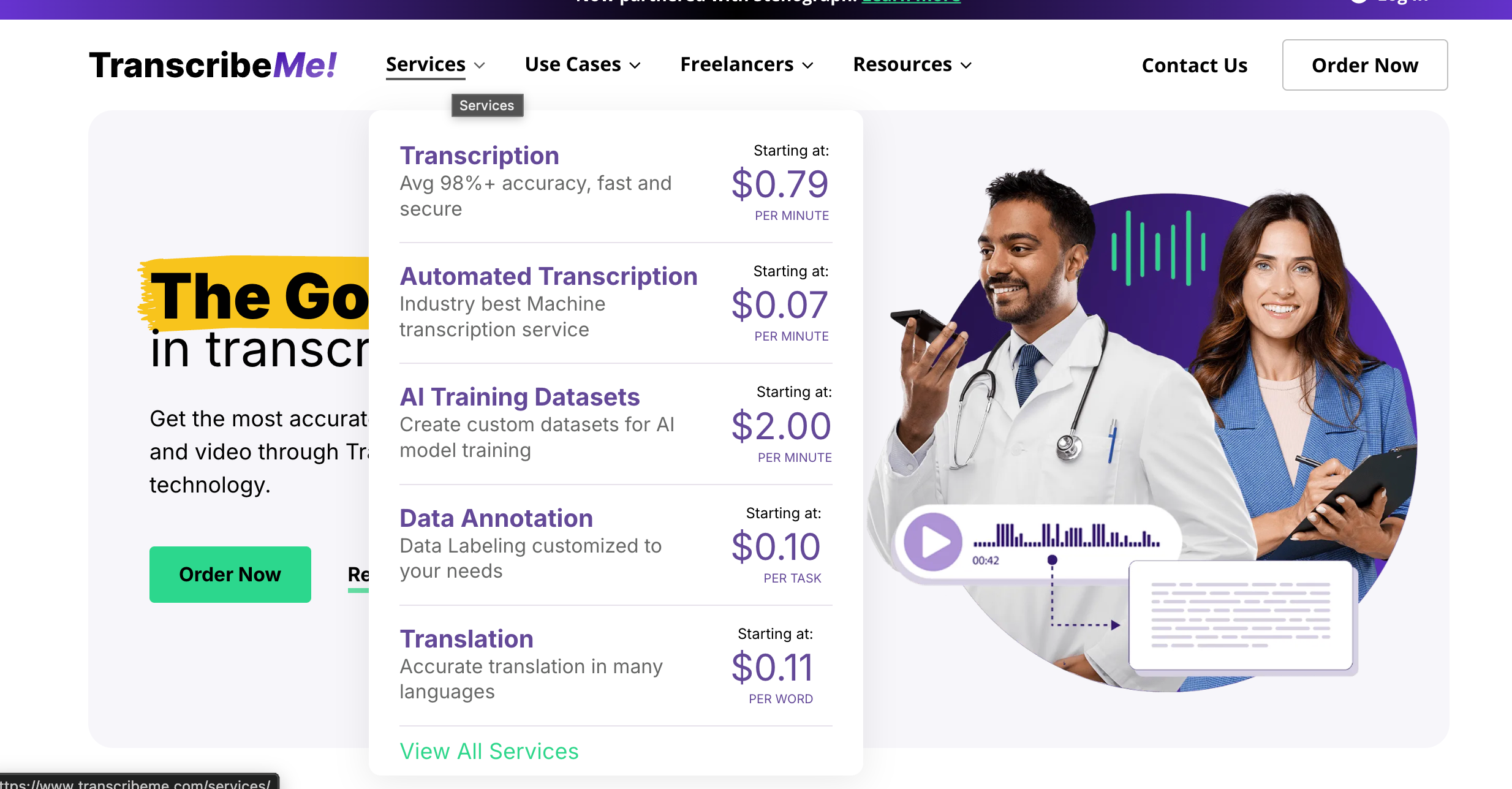 TranscribeMe services and pricing screenshot