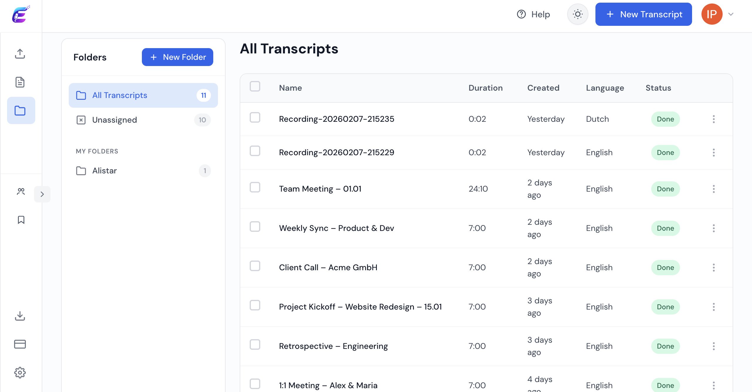 Transcription dashboard with folders panel and transcript list view
