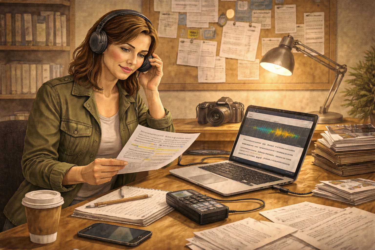 Journalist reviewing interview transcript with secure sharing workflow