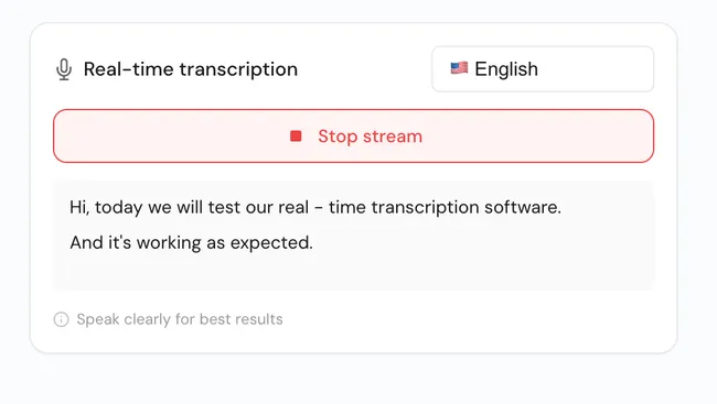 Live real-time transcription interface with stop stream control