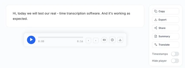Transcript editor result after real-time session with playback and actions panel