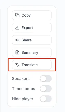 Translate option in the transcript action menu