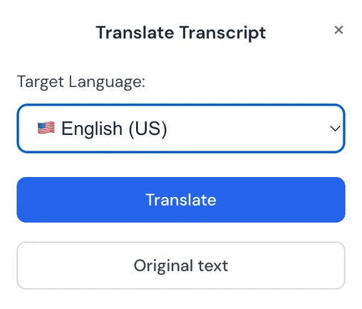 Translate transcript modal with target language selector
