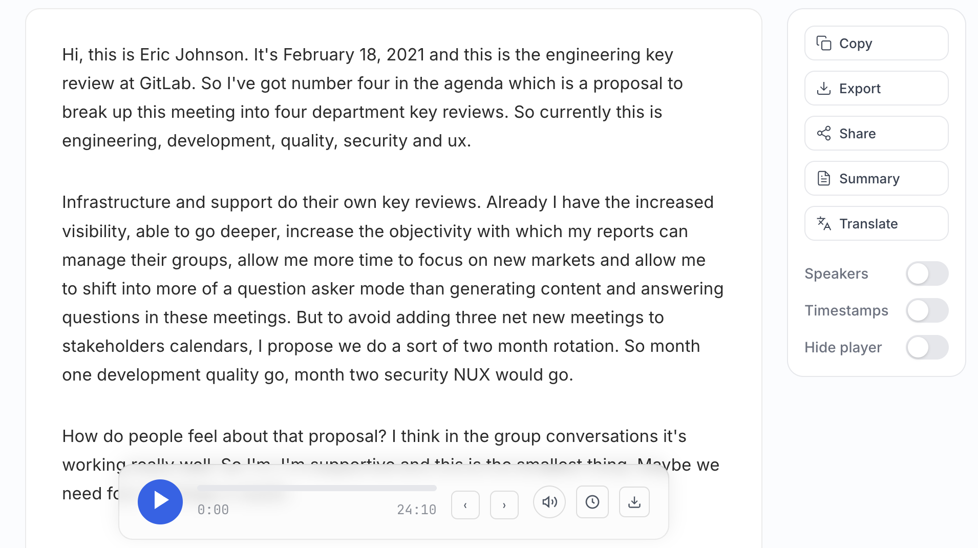 Transcript editor with copy, export, share, and translation actions