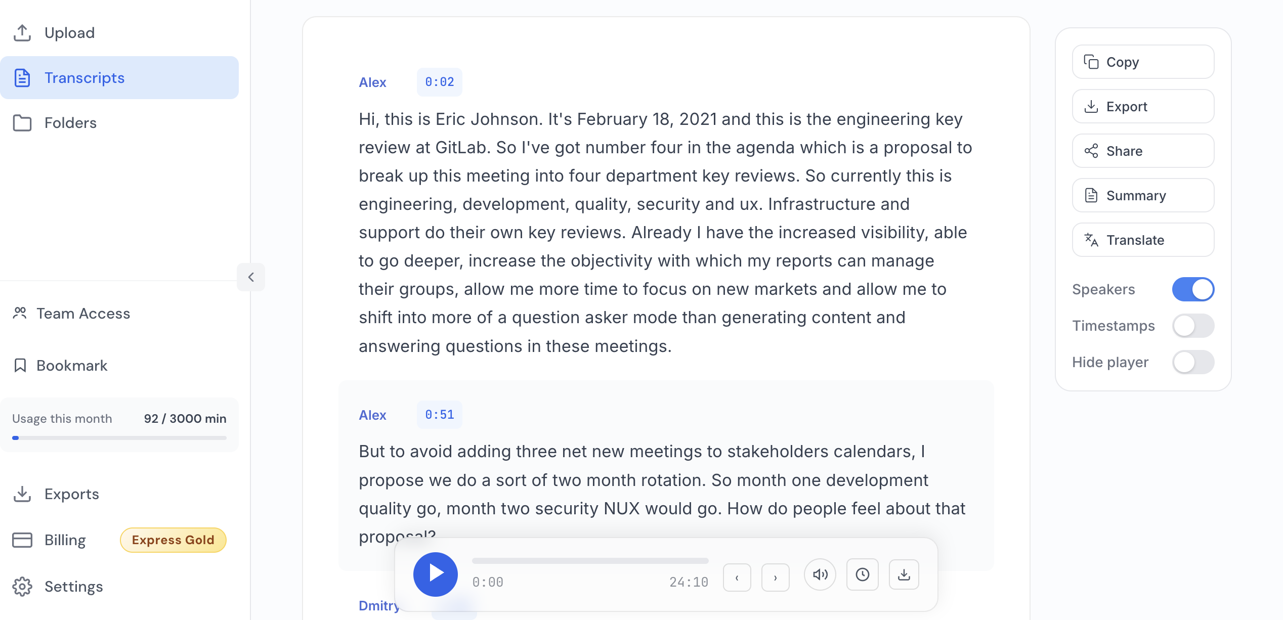 Transcript editor with side actions and display modes