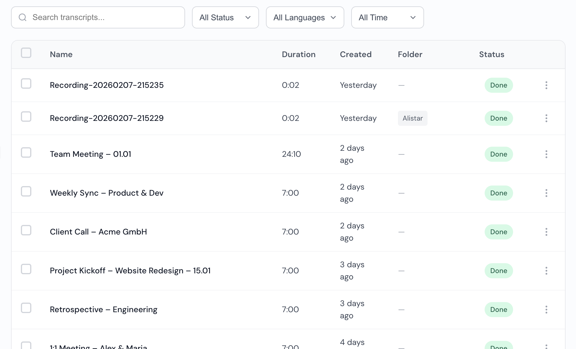 Transcript list with status filters and completion badges