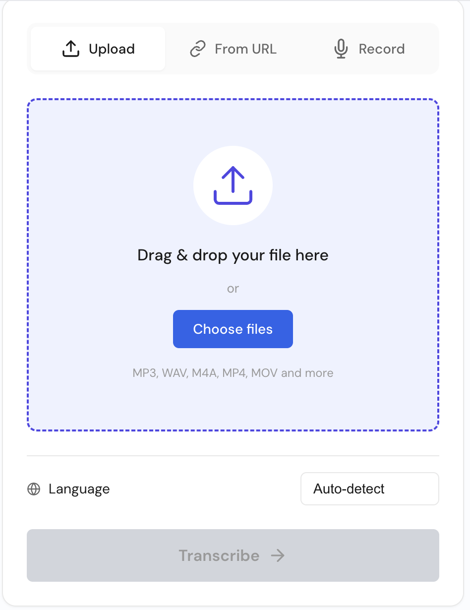 Upload interface with drag and drop, language selector, and transcription button