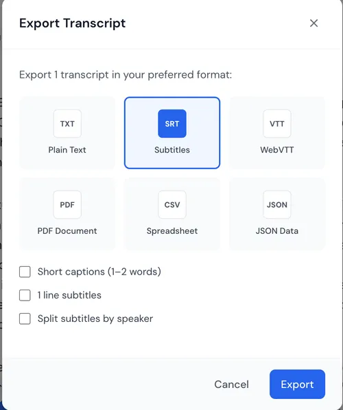 Export transcript panel showing SRT, VTT and subtitle style options