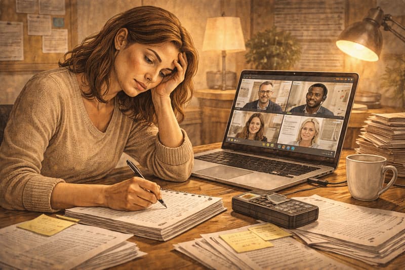 Person taking notes during a Zoom team meeting on laptop