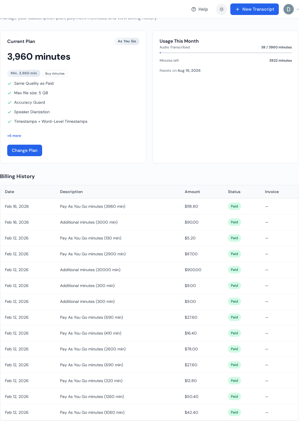 Billing and subscription page in dashboard