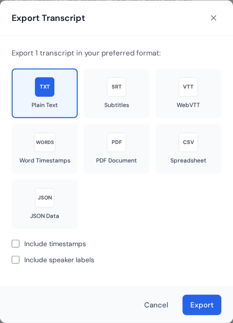 Export Transcript modal with multiple output formats