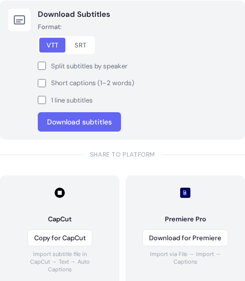 Subtitles tab with style options in share modal