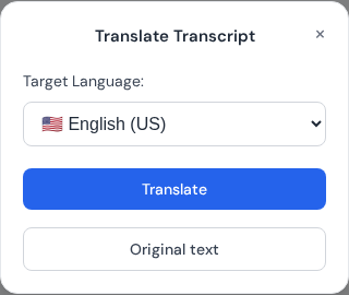 Translate Transcript modal with target language selector